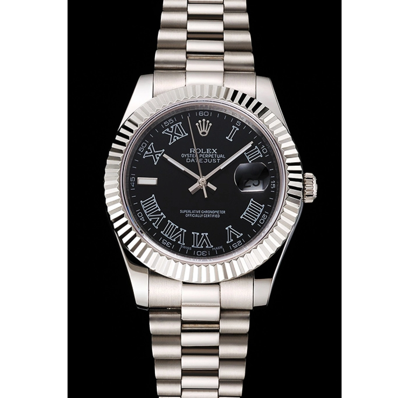 AAA Replica Watches Roman And Datejust Black Swiss Numerals Dial Rolex Case Stainless Steel Bracelet 0806